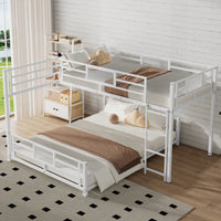 L Shaped Metal Twin Over Full Size Bunk Bed, White Box Spring Not Required White Metal Metal