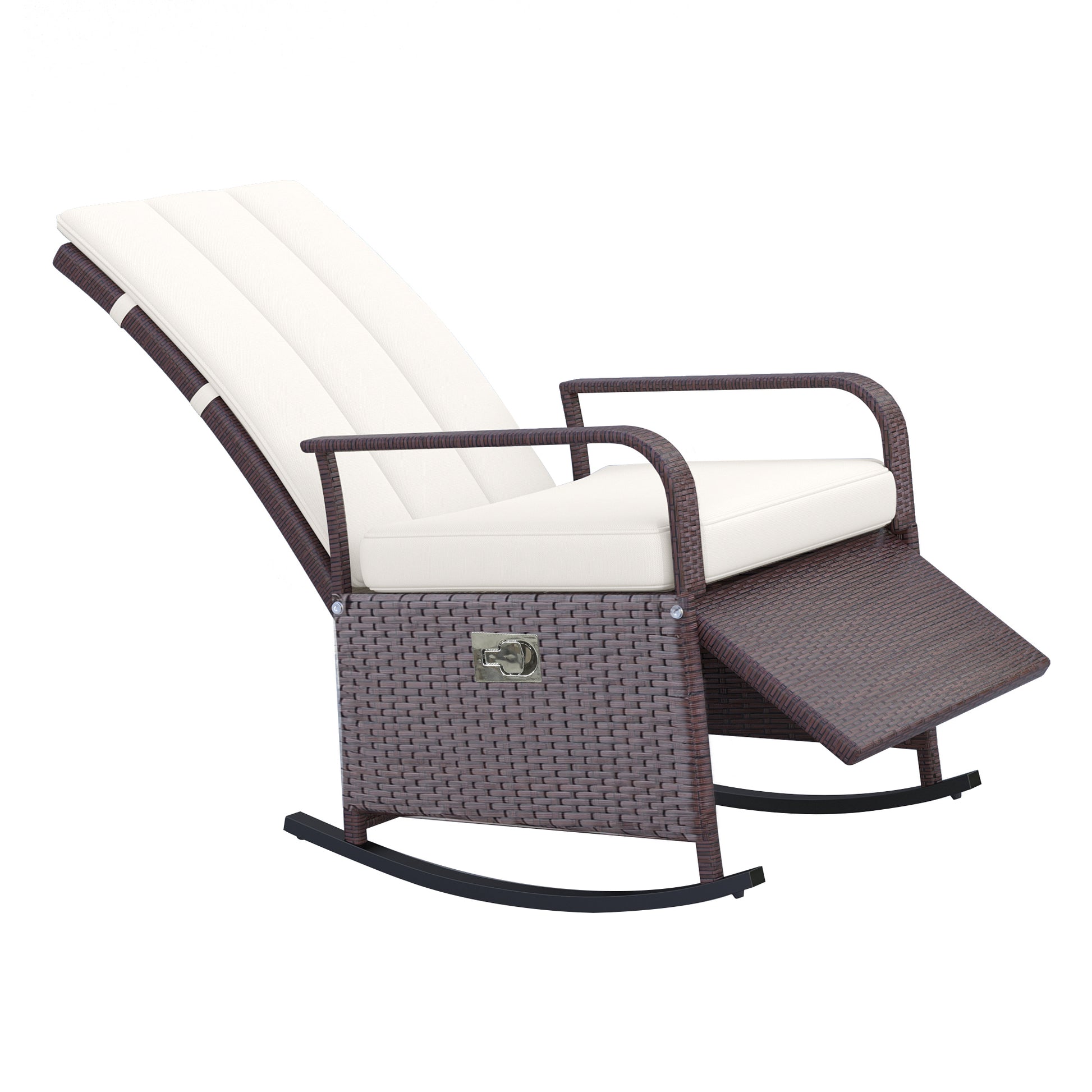 Outsunny Wicker Outdoor Rocking Chair, Patio Recliner With Adjustment Backrest, Pe Rattan Lounge Chair With Adjustable Footrest And Cushions For Garden, Backyard, Porch, Beige Brown Steel