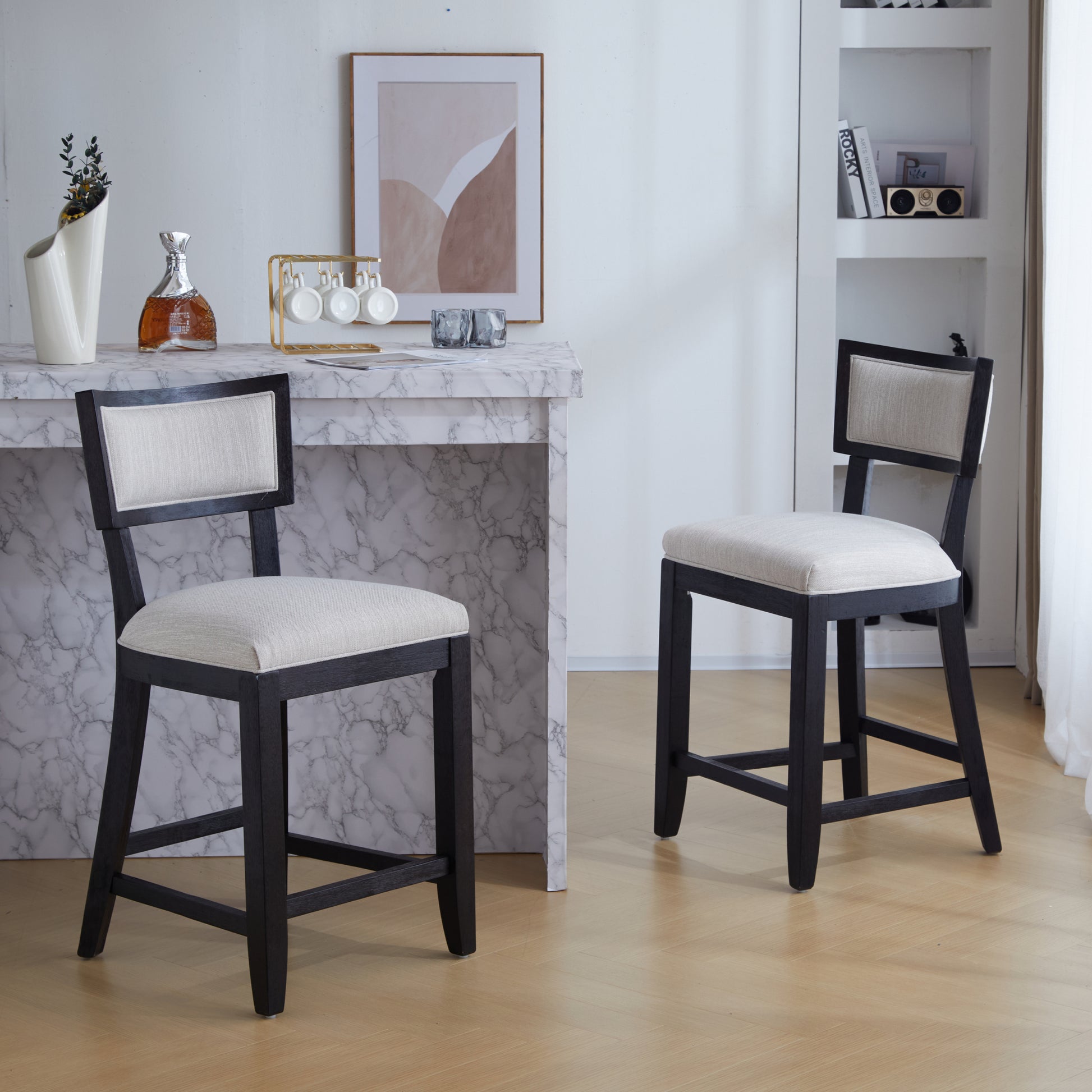 26.5" Counter Stools Set Of 2, Upholstered Counter Height Bar Stools With Comfy Back, Solid Rubber Wood Frame, Backrest, Footrest, Armless Barstools For Home Bar, Kitchen Counter, Beige & Black Beige Black Set Of 2 Fabric