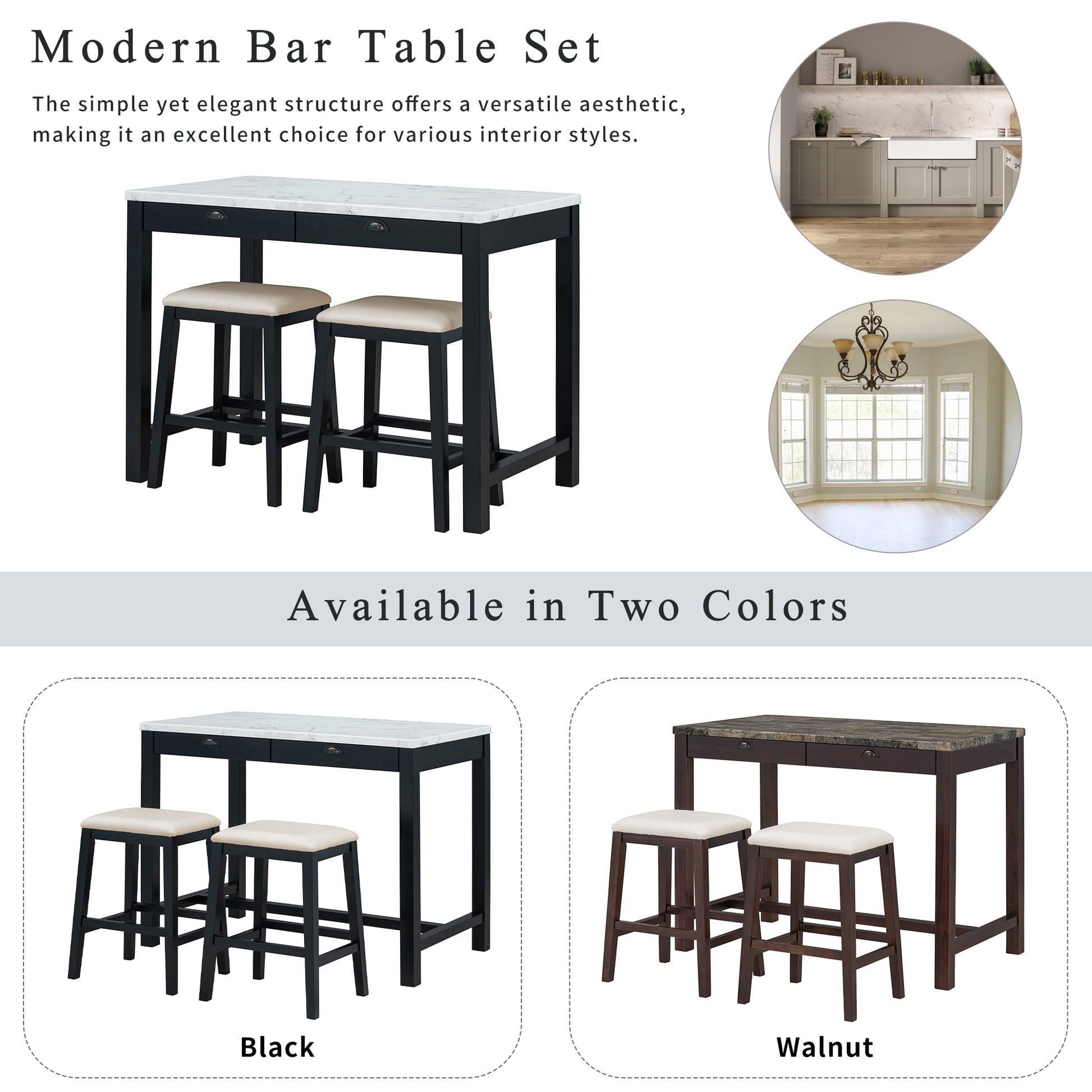 3 Piece Modern Faux Marble Versatile Bar Table Set With Storage Drawers And Padded Stools, Ideal For Space Saving Dining Nooks Or Small Kitchens Black Black Solid Wood Mdf