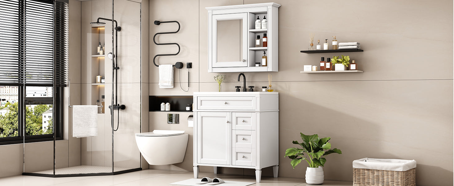 30'' Bathroom Vanity With Top Sink, Modern Bathroom Storage Cabinet With 2 Drawers And A Tip Out Drawer, Freestanding Vanity Set With Mirror Cabinet, Single Sink Bathroom Vanity 3 White Bathroom Solid Wood Mdf Resin Painted