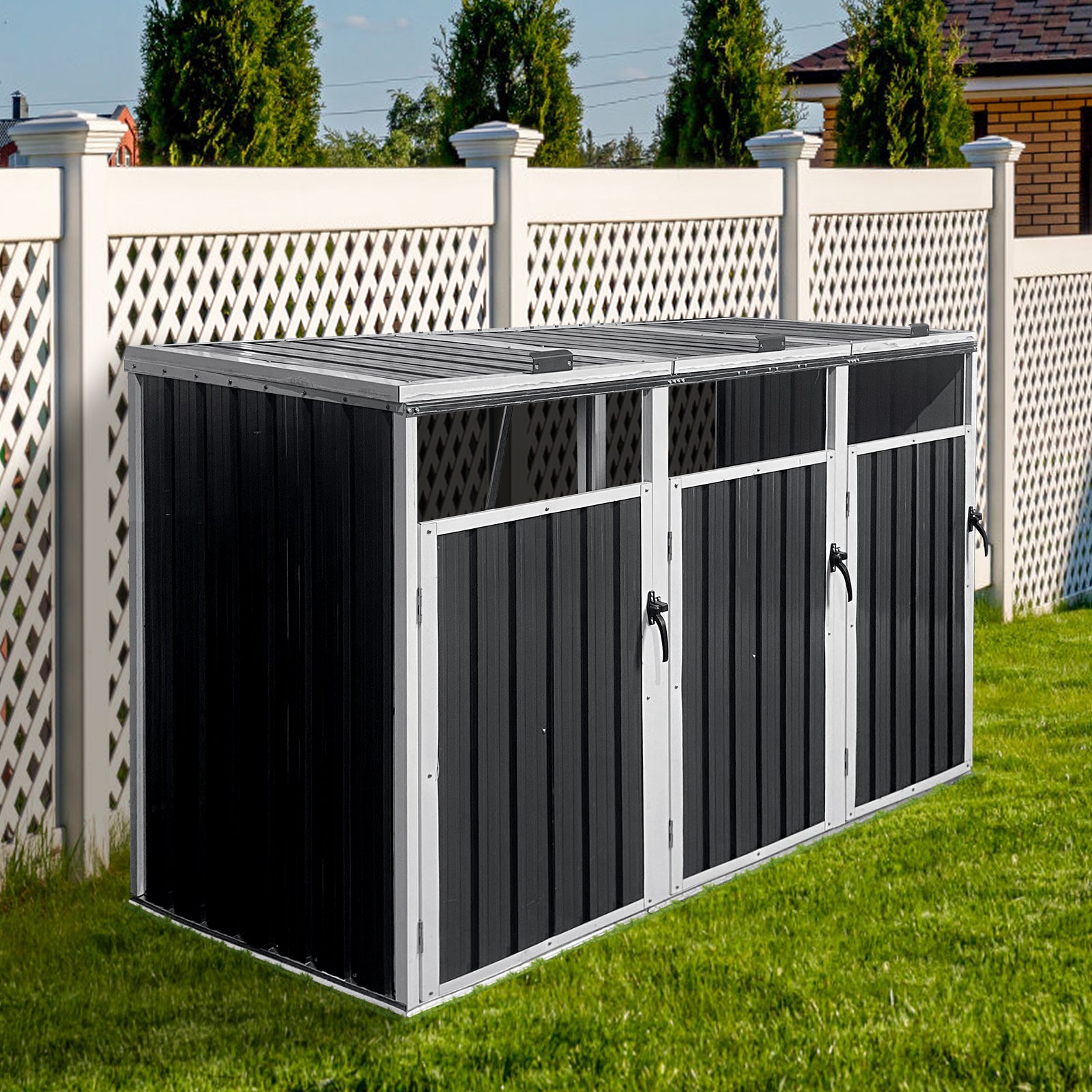 Garbage Bin Shed Stores 3 Trash Cans Metal Outdoor Bin Shed For Garbage Storage,Grey Grey Metal