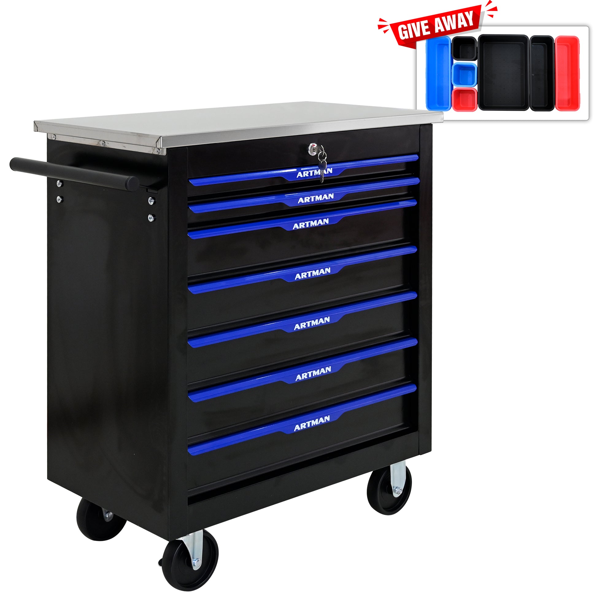 7 Drawers Multifunctional Tool Cart With Wheels Black Blue Black Blue Steel
