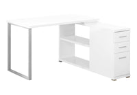 Computer Desk, Home Office, Corner, Left, Right Set Up, Storage Drawers, L Shape, Work, Laptop, White Laminate, Grey Metal, Contemporary, Modern White Particle Board