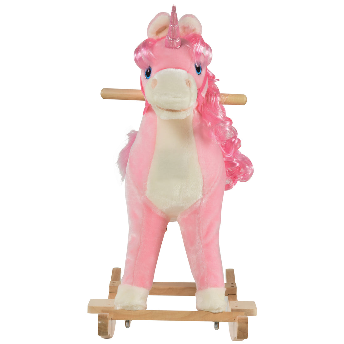 Qaba Rocking Horse, Kids Ride On Horse Unicorn Design With Wooden Base, Tail Wag & Sounds For Toddlers 3 6 Years Old, Pink Pink Plush