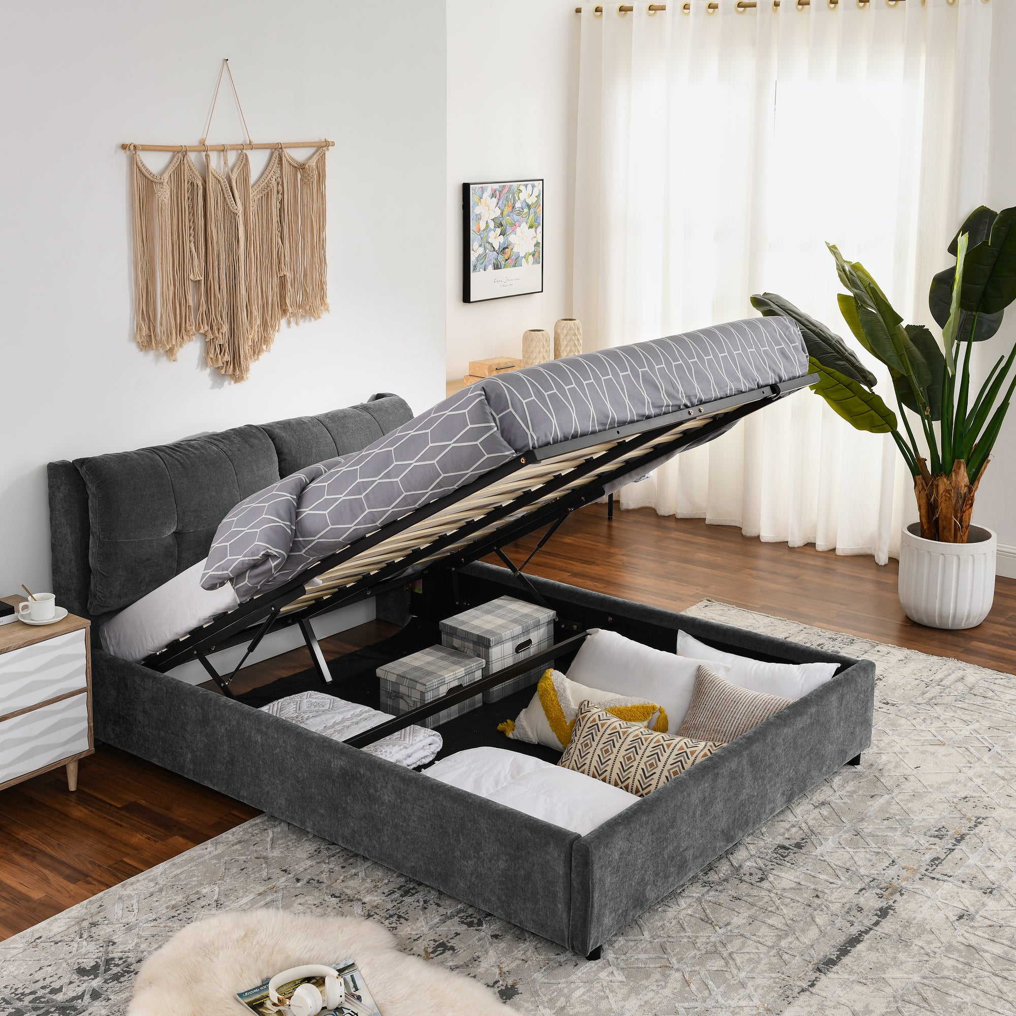 Queen Size Storage Upholstered Hydraulic Platform Bed With Integrated Headboard, Chenille Fabric, Gray Box Spring Not Required Queen Gray Composite Bedroom Luxury,Modern Bed Frame Chenille Chenille