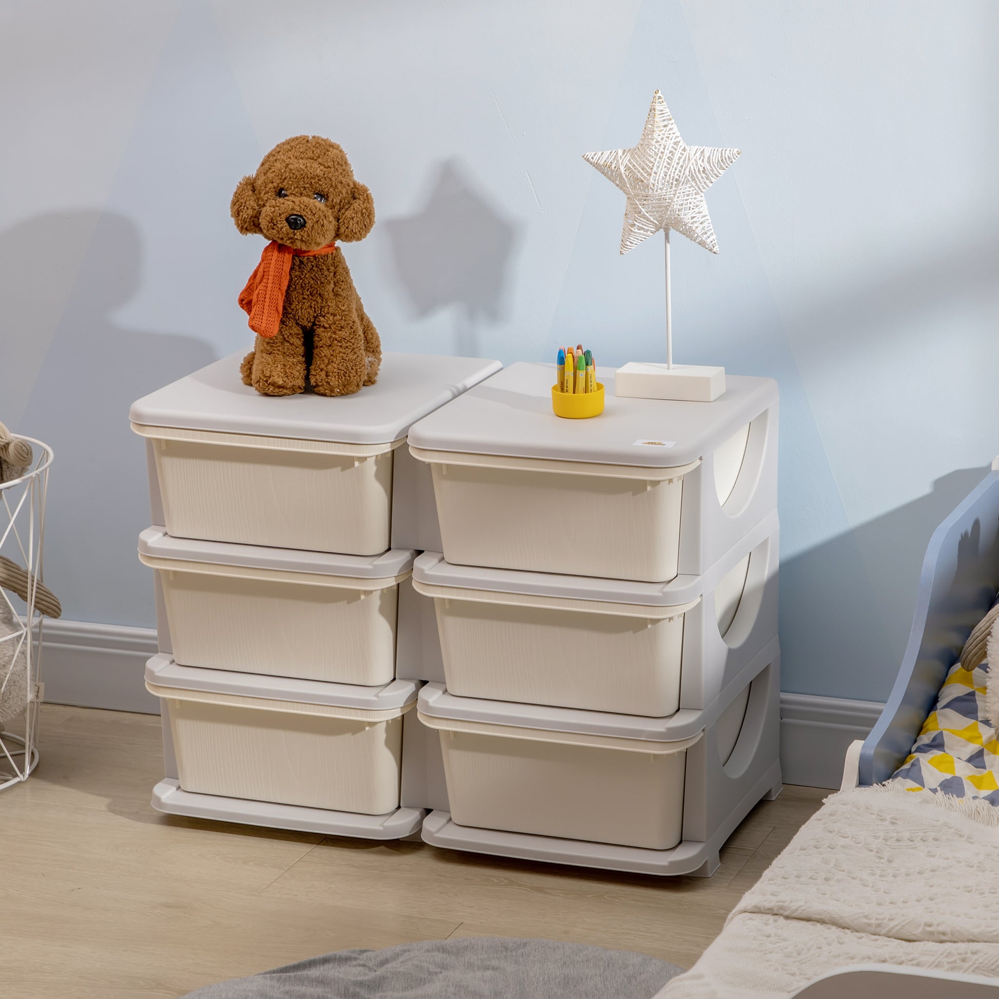 Qaba 3 Tier Kids Storage Unit, 6 Drawer Chest Toy Organizer Plastic Bins For Kids Bedroom Nursery Kindergarten Living Room For Boys Girls Toddlers, Cream Cream White Polypropylene