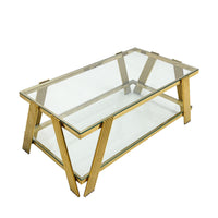 47" Wide Rectangle Modern Stainless Steel Coffee Table, Double Layer Clear Tempered Glass Coffee Table, Center Table With Storage, For Living Room Home Office, Easy Assembly, Gold Clear,Gold Modern