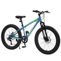 S24109 Elecony 24 Inch Fat Tire Bike Adult Youth Full Shimano 7 Speeds Mountain Bike, Dual Disc Brake, High Carbon Steel Frame, Front Suspension, Mountain Trail Bike, Urban Commuter City Bicycle Cycling Blue Green Without Anti Slip Garden & Outdoor