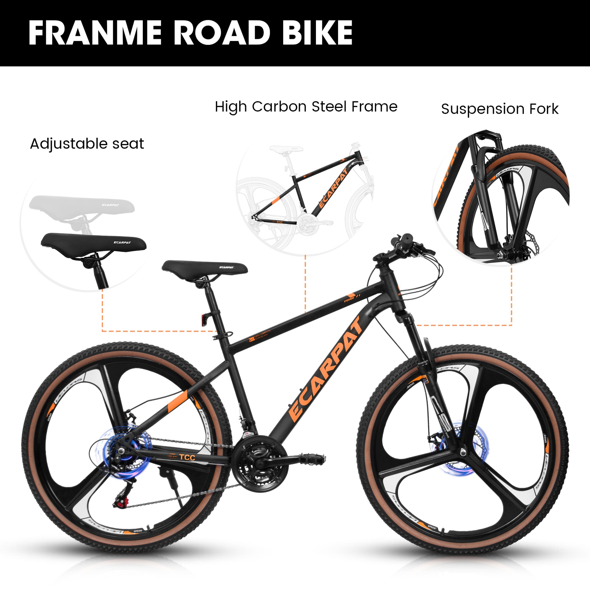 A27301M Mountain Bike 27.5 Inch Wheels, 21 Speed Road Bicycle With Dual Disc Brakes For Men And Women,High Carbon Steel Frame Front Fork Bicycles, Adult Faster Racing Bike Black Orange Steel