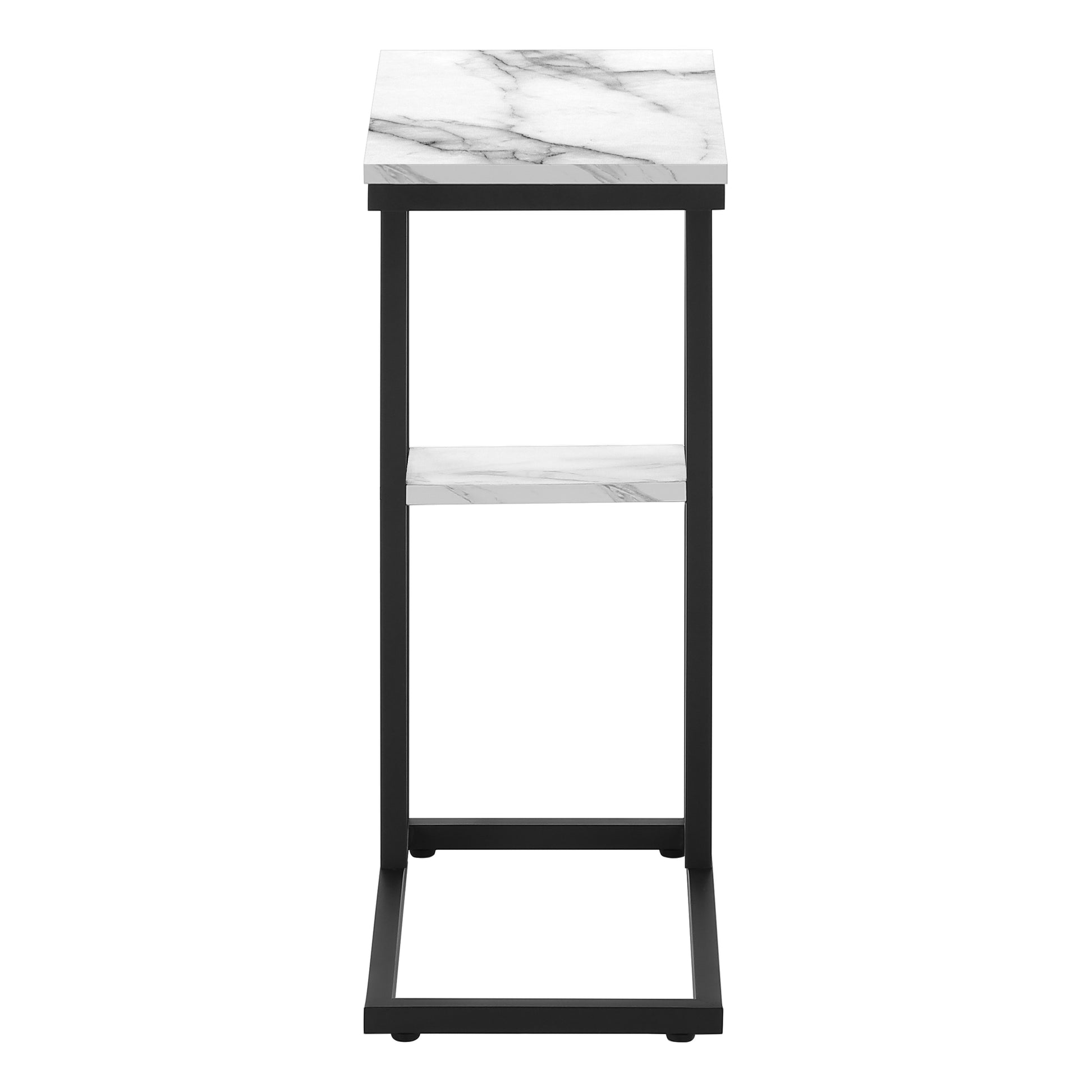 Accent Table, C Shaped, End, Side, Snack, Living Room, Bedroom, White Marble Look Laminate, Black Metal, Contemporary, Modern White Particle Board