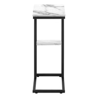 Accent Table, C Shaped, End, Side, Snack, Living Room, Bedroom, White Marble Look Laminate, Black Metal, Contemporary, Modern White Particle Board