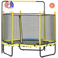 Qaba 4.6' Kids Trampoline With Basketball Hoop, Horizontal Bar, 55" Indoor Trampoline With Net, Small Springfree Trampoline Gifts For Kids Toys, Ages 3 10, Yellow Yellow Steel