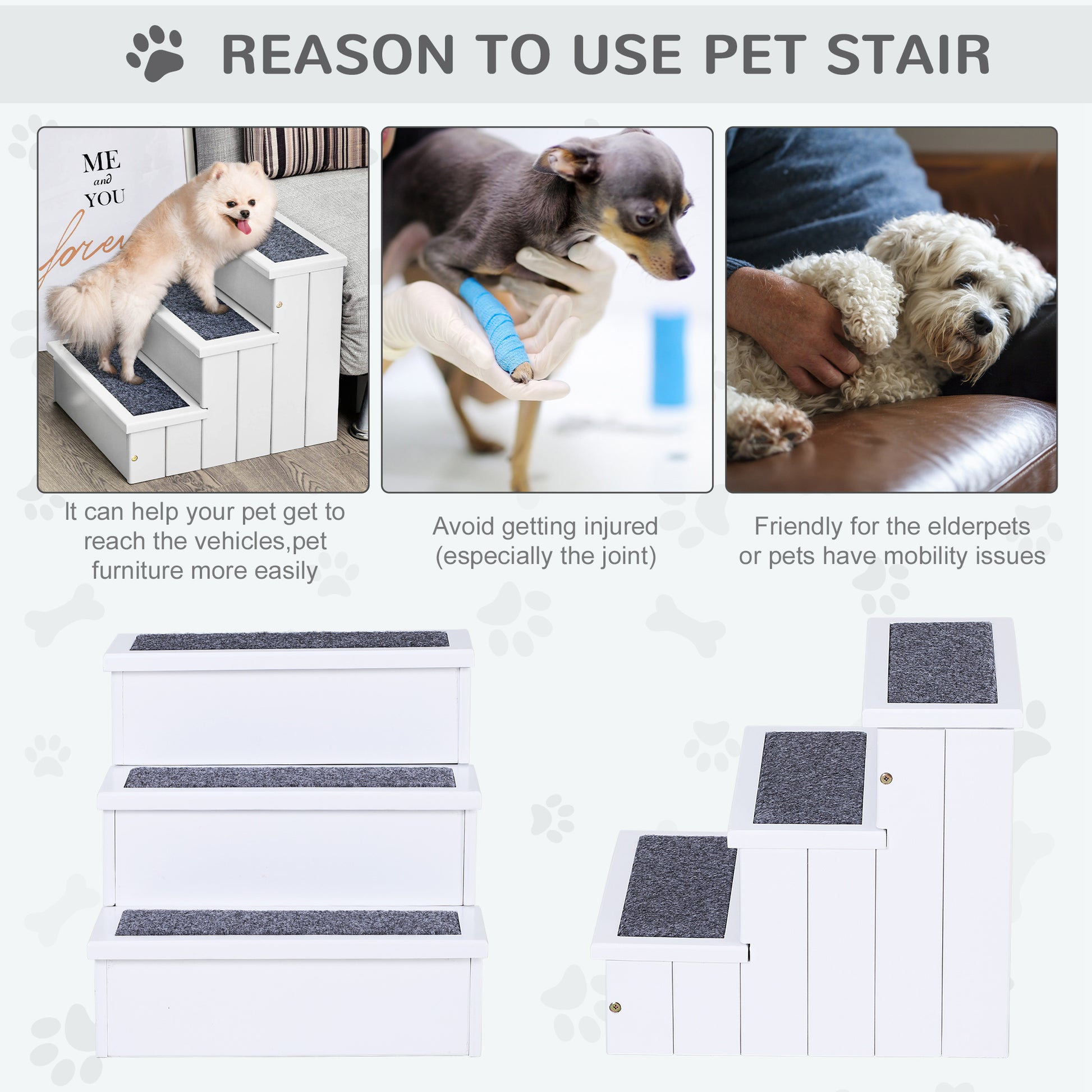 Pawhut 3 Step Wooden Carpeted Non Slip Pet Stairs Ramp For Cats And Small Dogs White White Wood