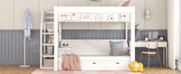 Wood Full Size Convertible Bunk Bed With Storage Staircase, Bedside Table, And 3 Drawers, White White Solid Wood Mdf