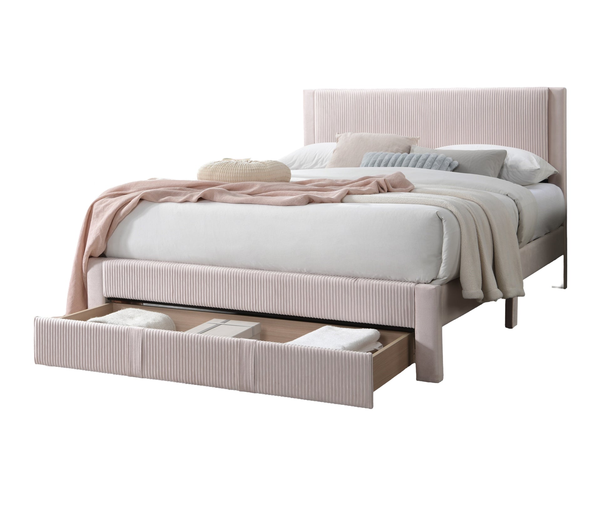 Contemporary 1Pc Queen Size Bed W Storage Drawer Light Pink Corduroy Texture Design Platform Bedframe Box Spring Not Required Queen Light Pink Wood Bedroom Contemporary,Modern Bed Frame Corduroy