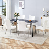 Table And Chair Set.63"X31.5X30" Black Marble Patterned Slabs Tabletop With Stainless Steel Butterfly Legs.Paired With 6 White Pu Dining Chairs With A Vertical Stripe Design On The Backrest. White