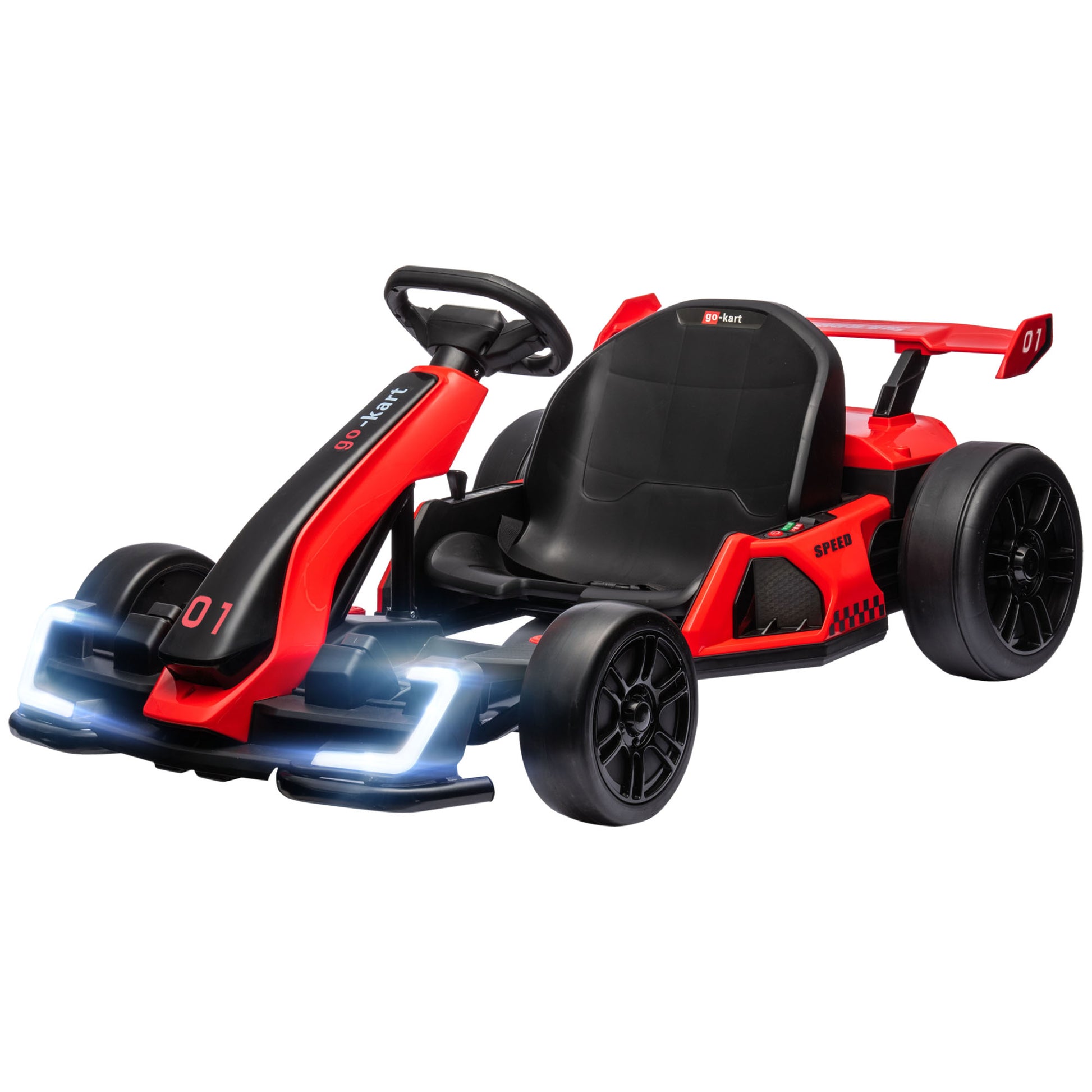 Aosom 24V 7.5 Mph Electric Go Kart With Adjustable Seat, Drifting Car Battery Powered Ride On Toy Outdoor With Slow Start, Button Start, Music, Honking Horn, Lights, For 6 12 Years Old, Red Red