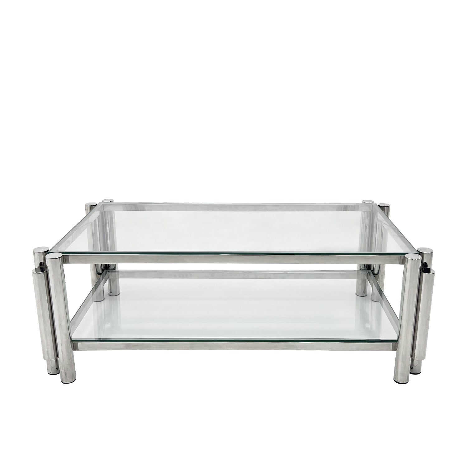 47" Wide Rectangle Modern Stainless Steel Coffee Table, Double Layer Clear Tempered Glass Coffee Table, Center Table With Storage, For Living Room Home Office, Easy Assembly, Silver Clear,Silver