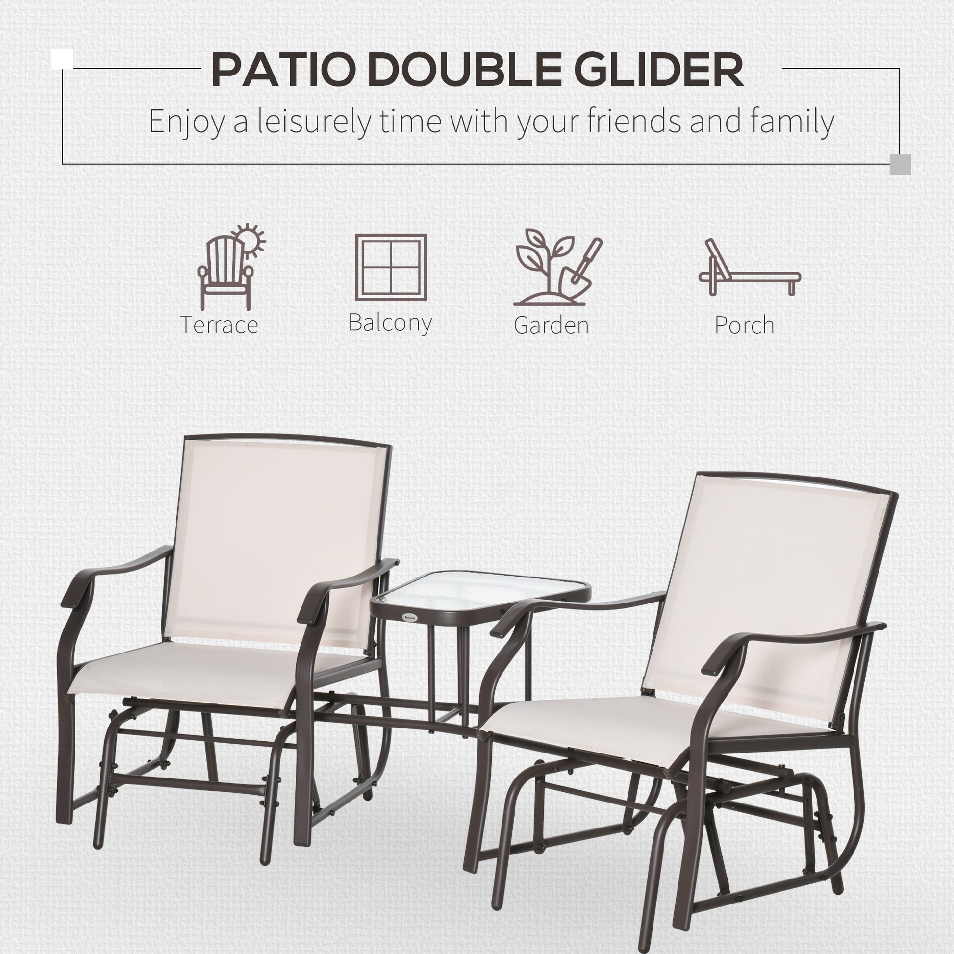 Outsunny Outdoor Glider Chairs With Coffee Table, Patio 2 Seat Rocking Chair Swing Loveseat Withsling For Backyard, Garden, And Porch, Beige Beige Fabric Metal
