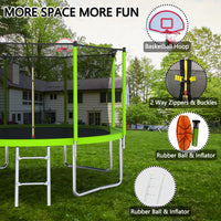 12Ft Trampoline Green For Kids & Adults With Basketball Hoop And Ball ,Recreational Trampolines With Safety Enclosure For Back Yard Outdoor Green Metal