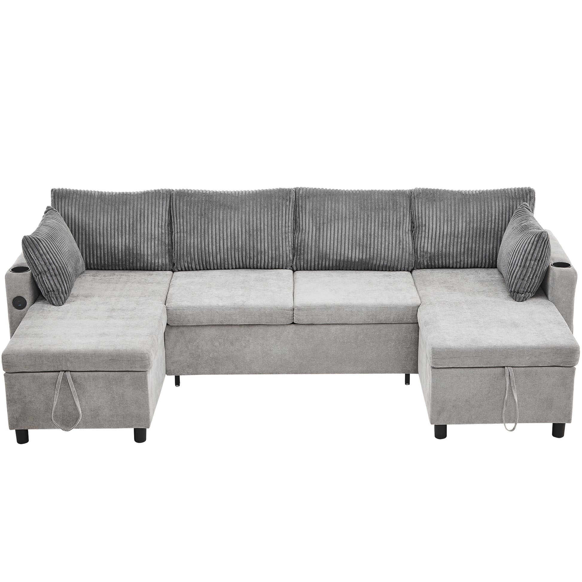 111.8" Sectional Sofa Pull Out Sofa Bed Versatile Sofa Sleeper With Large Storage Space, Two Usb Ports And Two Cup Holders For Living Room, Grey Grey Foam Chenille 4 Seat