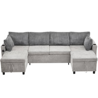 111.8" Sectional Sofa Pull Out Sofa Bed Versatile Sofa Sleeper With Large Storage Space, Two Usb Ports And Two Cup Holders For Living Room, Grey Grey Foam Chenille 4 Seat