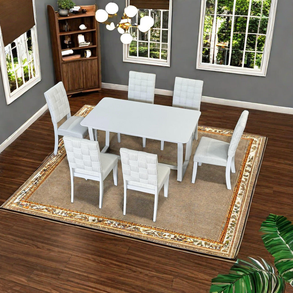 Fx D1 D1Dining Set Include 6*Chair Light Beige Colorlinen & Rubber Wood White Color Legs And 1*Table Light Grey Withe Color Total 7 Pcs Light Beige Wood Fabric