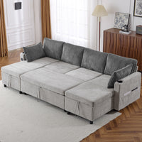 111.8" Sectional Sofa Pull Out Sofa Bed Versatile Sofa Sleeper With Large Storage Space, Two Usb Ports And Two Cup Holders For Living Room, Grey Grey Foam Chenille 4 Seat