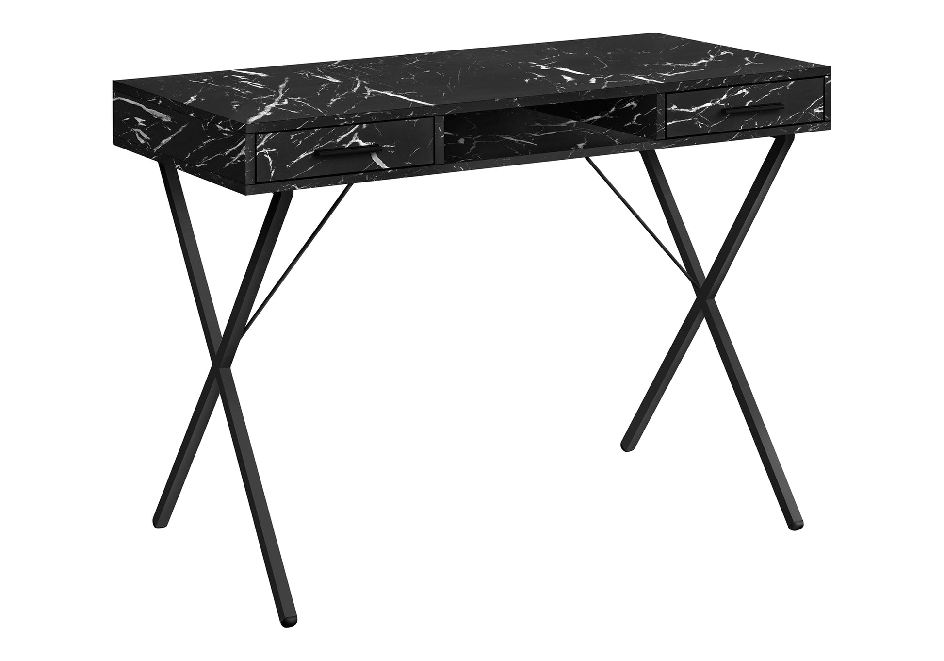 Computer Desk, Home Office, Laptop, Left, Right Set Up, Storage Drawers, 42"L, Work, Black Marble Look Laminate, Black Metal, Contemporary, Modern Black Particle Board