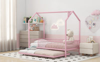 Twin Size Metal House Bed With Fence, With Trundle, Pink Expected Arrival Time: 10.18 Twin Pink Metal