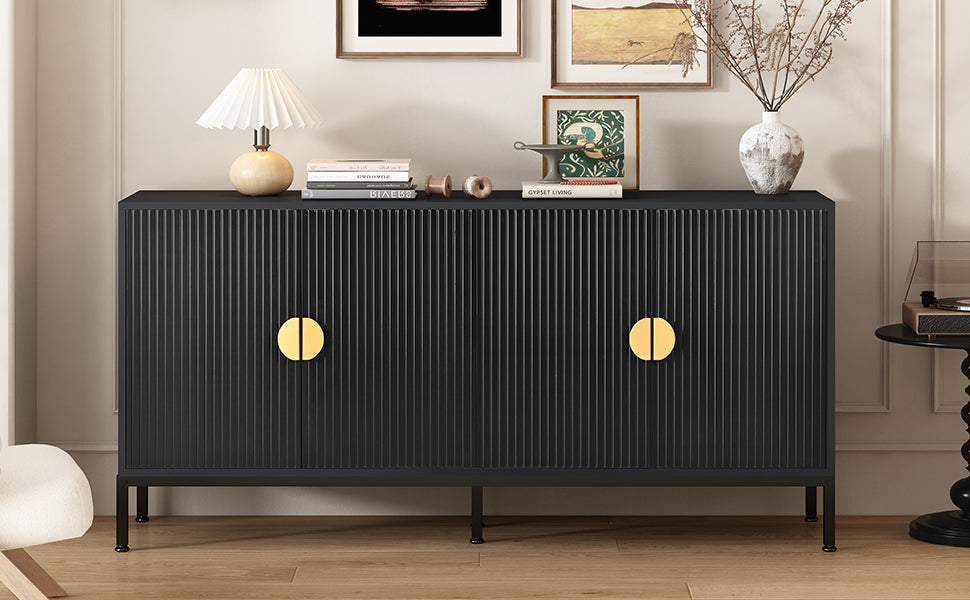 Exquisite Vertical Striped Four Door Sideboard With Sturdy Metal Legs And Semi Circular Handles, Suitable For Study, Entryway And Living Room Black Primary Living Space American Design Mdf