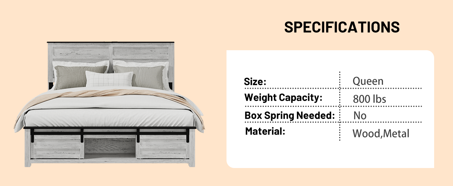 Queen Bed Frame With Upholstered Headboard And Wood Platform,Storage Headboard With Charging Station And Led, Bed Frame With Pet Bed,No Noise, No Box Spring Needed,Easy Assembly,Antique White Box