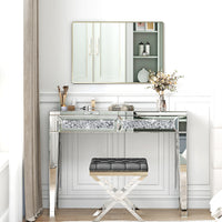 Mirrored Vanity Table Diamond Inlay 2 Drawer Silver Drawer 2 Drawers Bedroom Luxury,Modern Mirrored Finish Mirrored Mdf Glass,Mirror