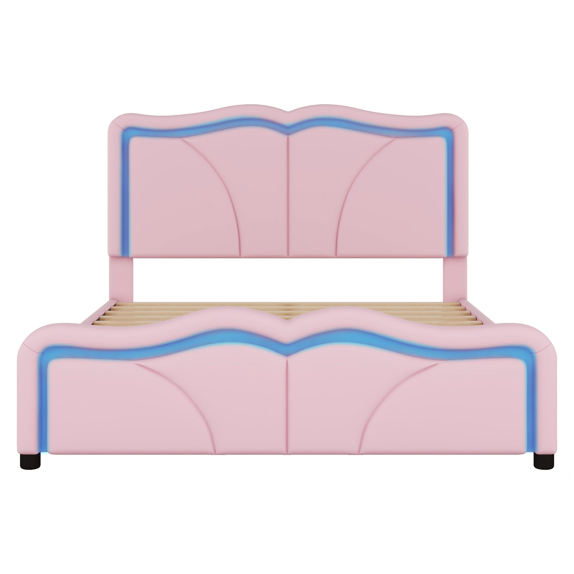 Full Size Upholstered Platform Bed With Curve Shaped And Height Adjustbale Headboard,Led Light Strips,Pink Full Pink Upholstered