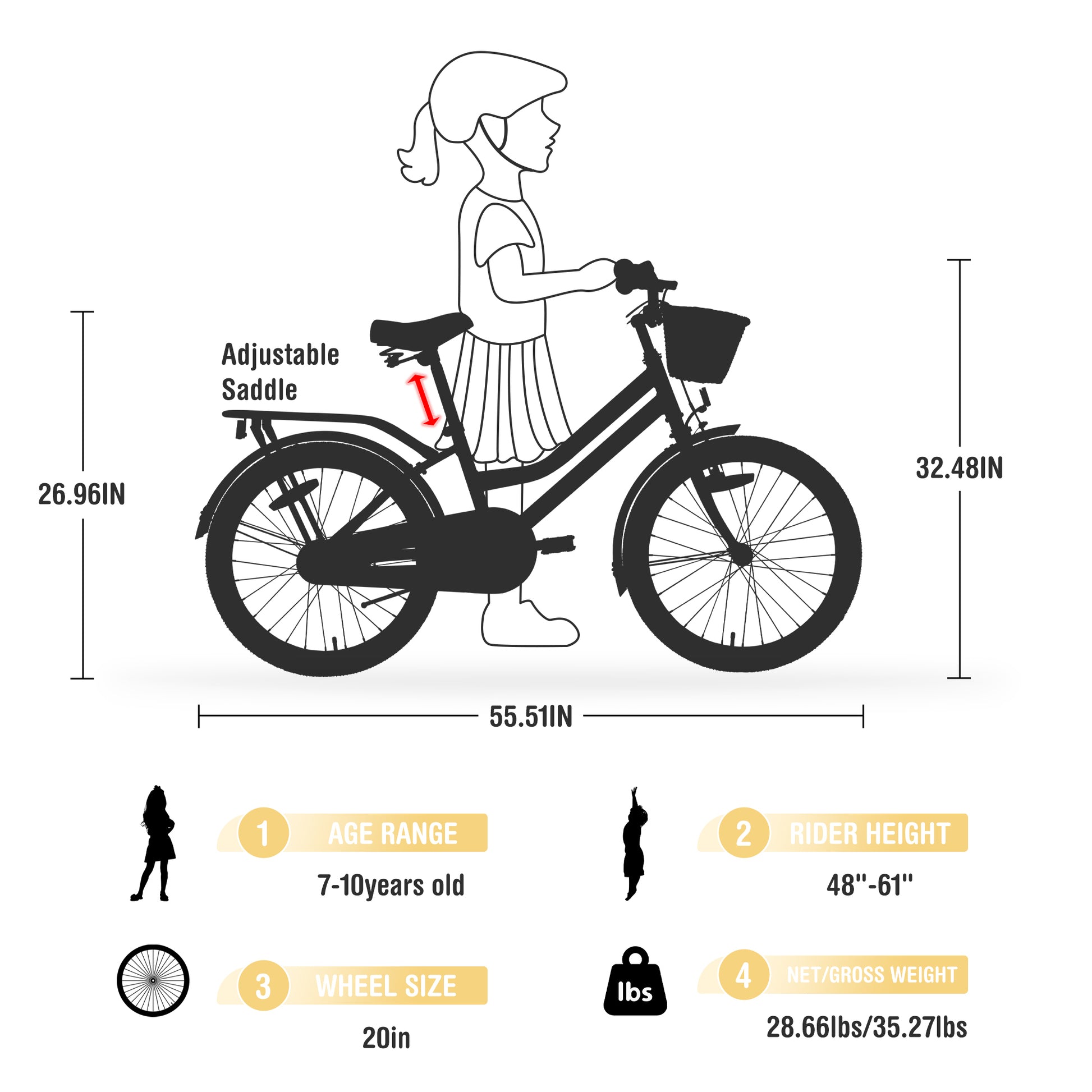 Multiple Colors,Girls Bike With Basket For 7 10 Years Old Kids,20 Inch Wheel ,No Training Wheels Included Cycling Yellow Garden & Outdoor Carbon Steel