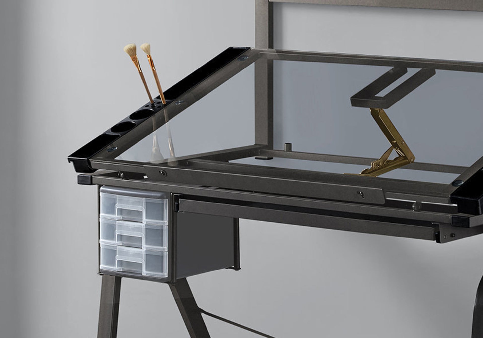 Drafting Table, Adjustable Angle, Drawing, Storage, Craft, Grey Metal, Clear Tempered Glass, Contemporary, Modern Grey Metal