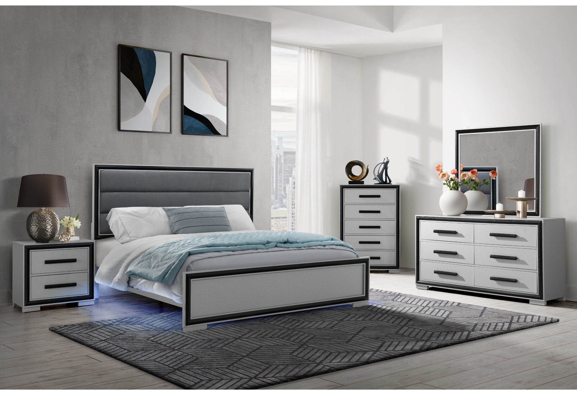 Adelaide Grey Black King Bed W Led Black Solid Wood Mdf