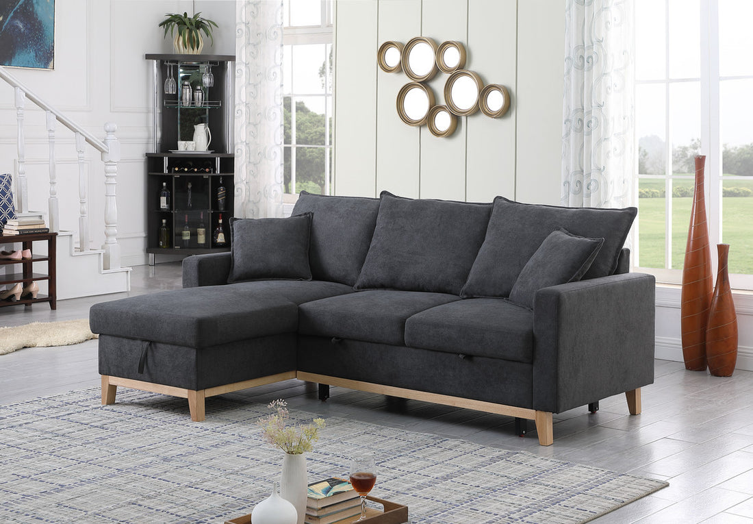 Colton 84.25" Dark Gray Woven Reversible Sleeper Sectional Sofa With Storage Chaise Dark Gray Fabric