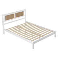 Queen Size Wood Platform Bed With Natural Rattan Headboard,Exquisite Elegance With Minimalist Charm For Bedroom,White White Particle Board