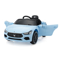 Maserati Ghibli Licensed 12V Kids Ride On Car, Battery Powered Electric Vehicle W 2.4G Remote Control, Led Lights, Mp3 Music, Usb, Horn, Children Age 3 6, Small, Light Blue And Black Black Blue Polypropylene