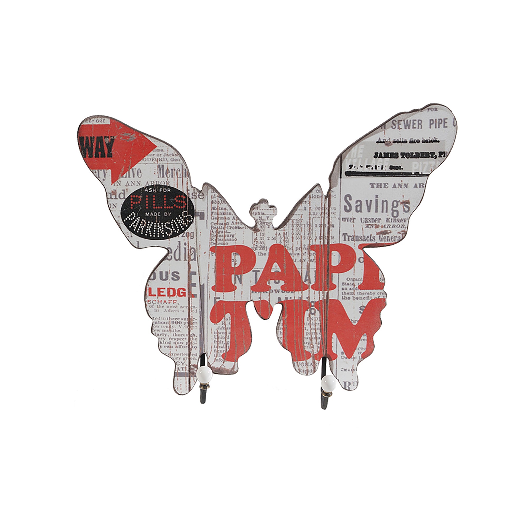 Butterfly Shaped Newspaper Print Wall Decor, Set Of 2, Multicolor Multicolor Wood Metal
