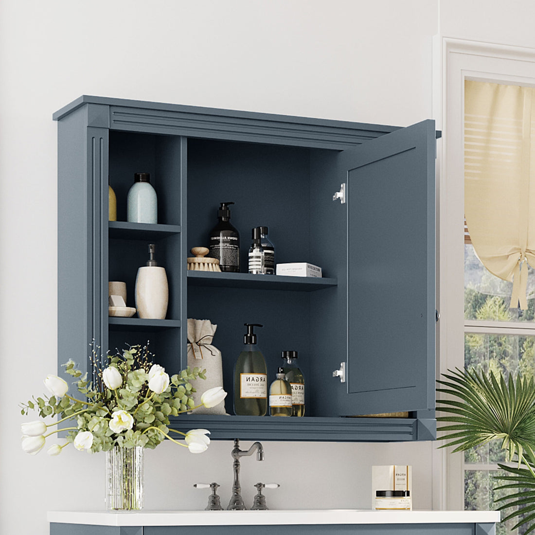 35'' X 28'' Wall Mounted Bathroom Storage Cabinet, Medicine Cabinet, Modern Bathroom Wall Cabinet With Mirror, Mirror Cabinet With 6 Open Shelves Not Include Bathroom Vanity Blue 1 5 Adjustable Hinges Bathroom Wall Mounted Mdf Painted