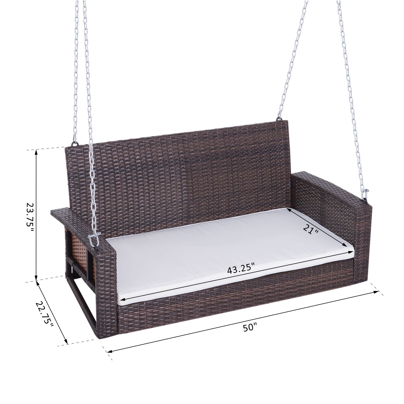 Outsunny 2 Person Wicker Hanging Swing Bench, Front Porch Swing Outdoor Chair With Cushions 550 Lbs. Weight Capacity For Backyard, Garden, Cream White Brown Rattan Metal