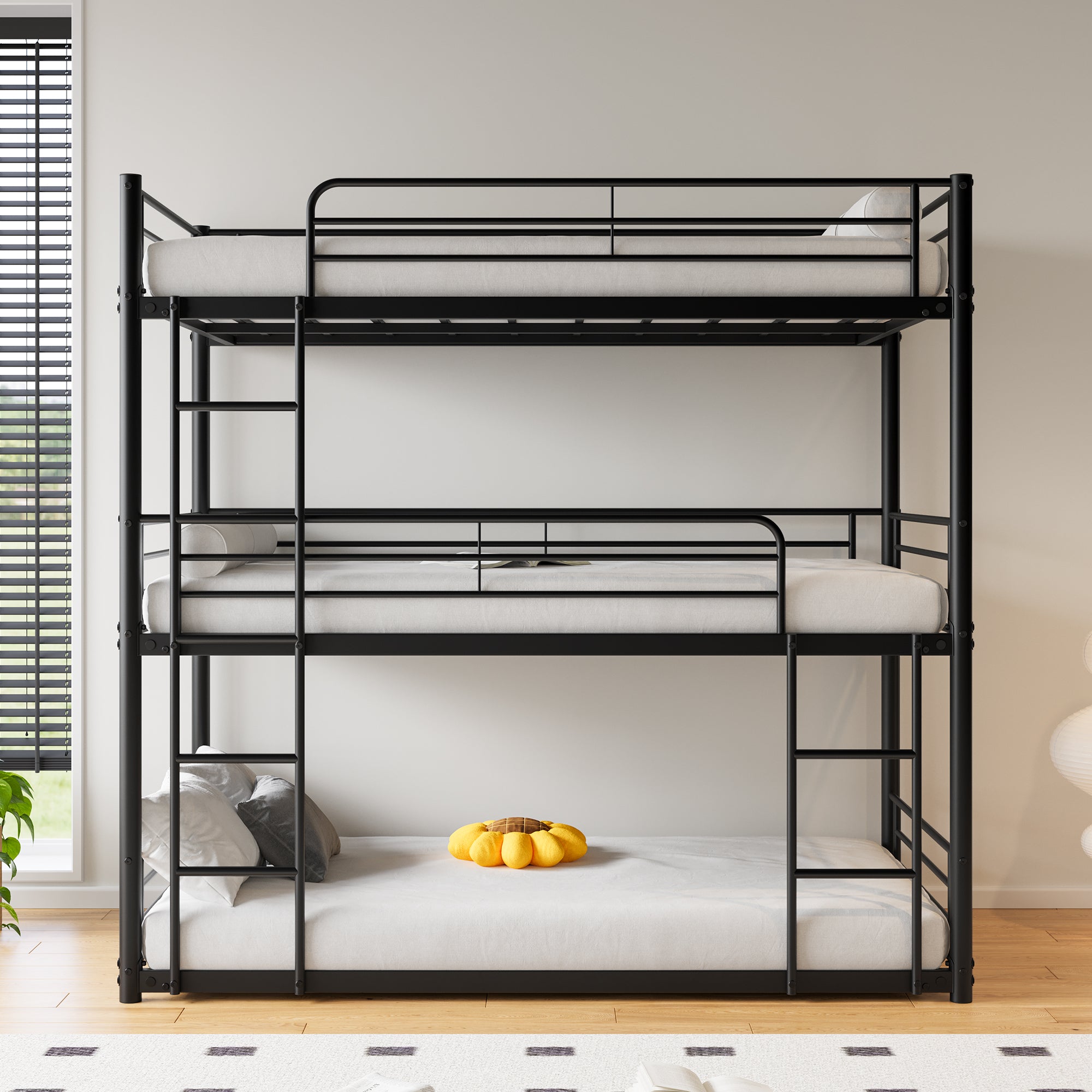 Triple Twin Bunk Beds, Twin Over Twin Over Twin Metal Bunk Bed Platform Frame, Two Attached Ladders, Easy Access Guard Rail, No Box Spring Need Black Box Spring Not Required Twin Black Metal Bedroom