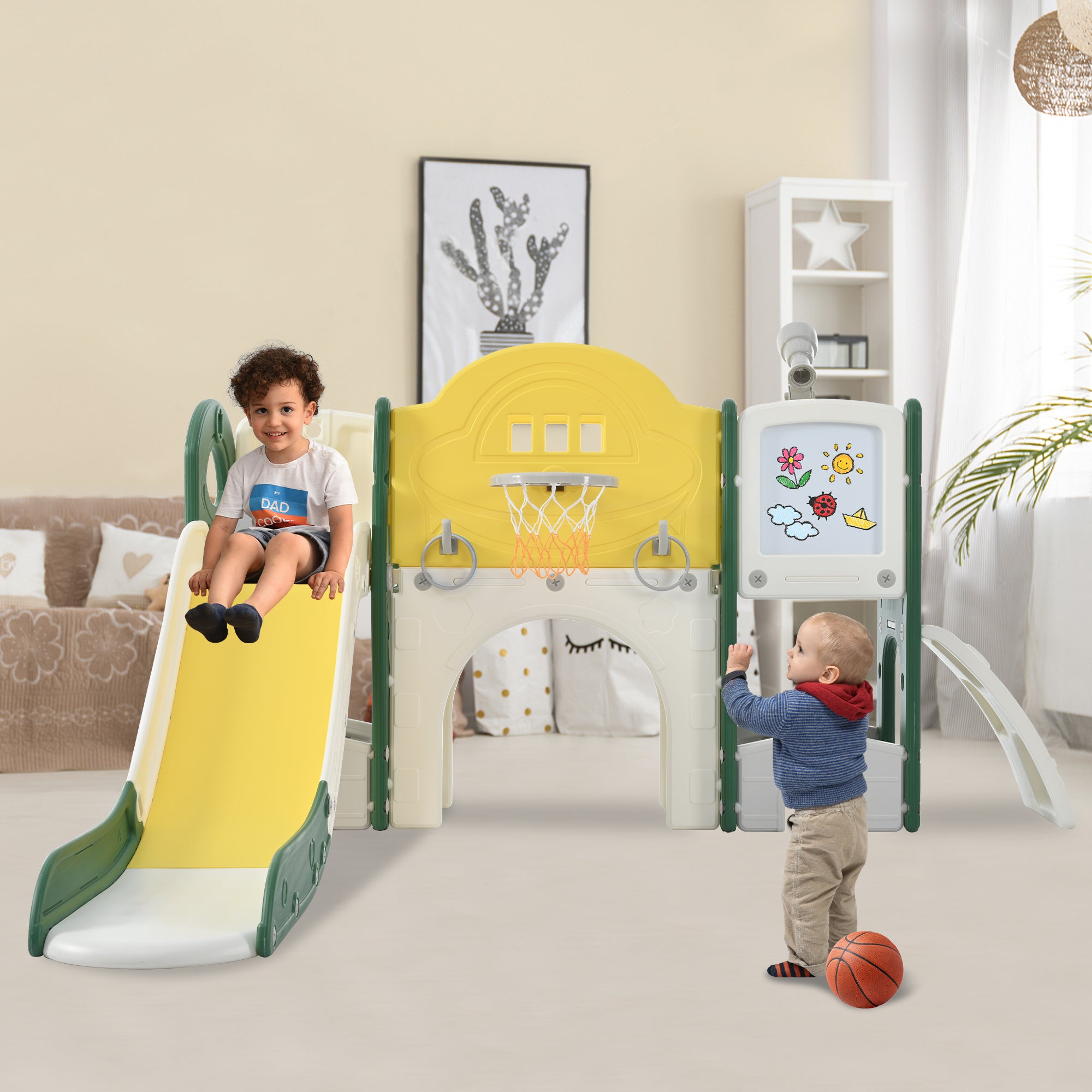 Kids Slide Playset Structure 9 In 1, Freestanding Space Set With Slide, Arch Tunnel, Ring Toss, Drawing Whiteboardl And Basketball Hoop For Toddlers, Kids Climbers Playground Yellow Hdpe Indoor & Outdoor Use