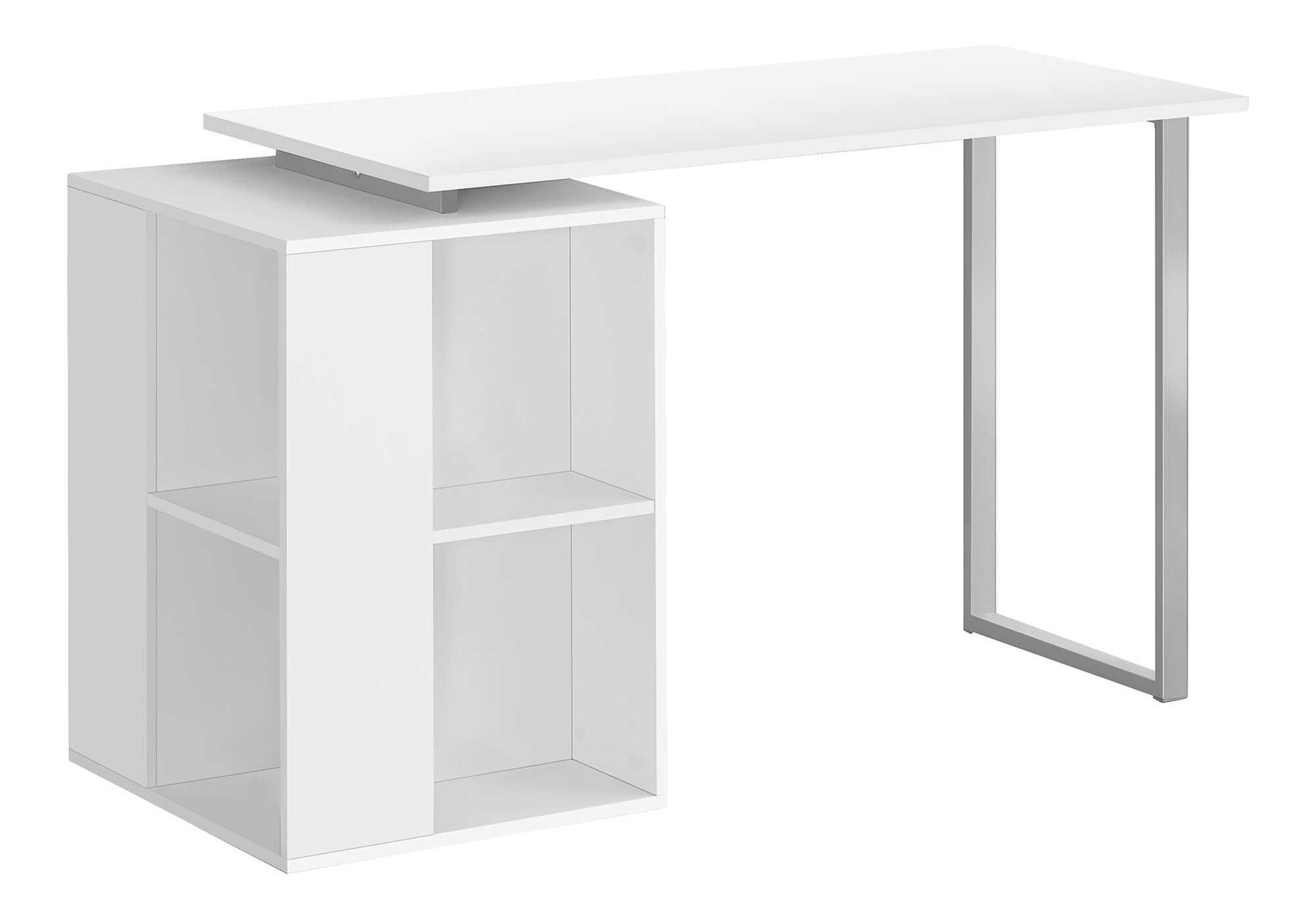 Computer Desk, Home Office, Left, Right Set Up, Storage Shelves, 55"L, Work, Laptop, White Laminate, Grey Metal, Contemporary, Modern White Particle Board