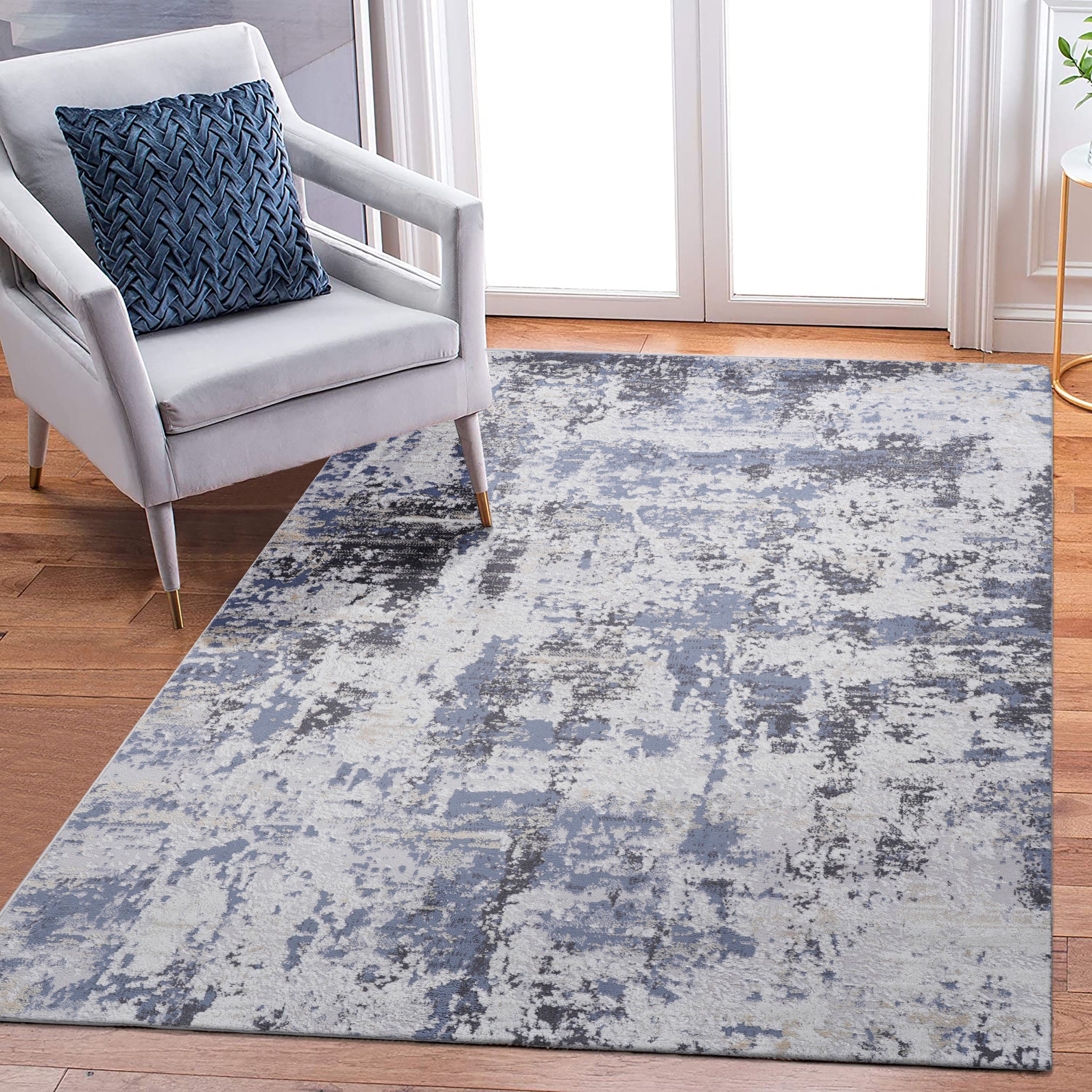 5X7 Grey Denim Abstract Non Shedding Living Room Bedroom Dining Home Office Stylish And Stain Resistant Area Rug Grey Polyester