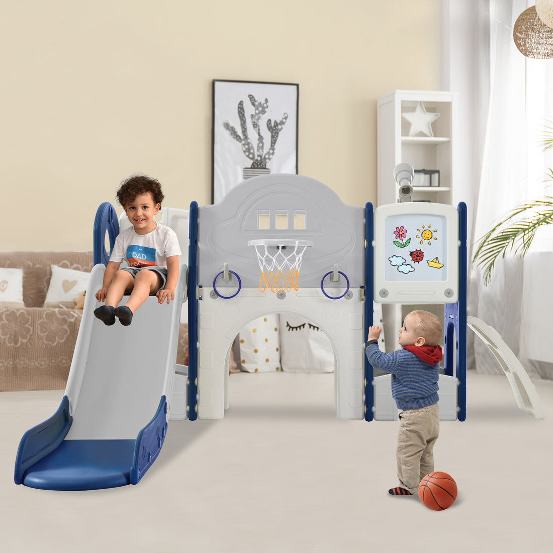 Kids Slide Playset Structure 9 In 1, Freestanding Space Set With Slide, Arch Tunnel, Ring Toss, Drawing Whiteboardl And Basketball Hoop For Toddlers, Kids Climbers Playground Blue Grey Hdpe Indoor & Outdoor Use
