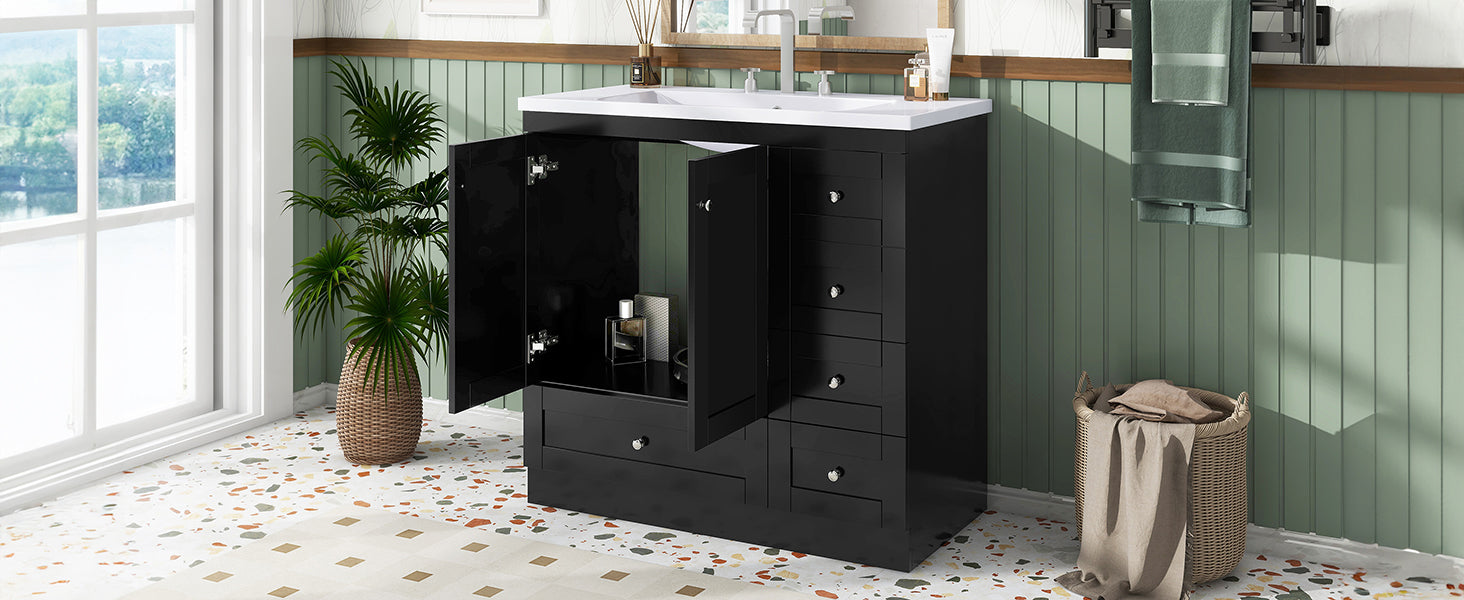 Video 36 Inch Shaker Style Free Standing Bathroom Vanity Cabinet With Sink, 4 Soft Close Drawers And 2 Soft Close Doors Black Bathroom Mdf